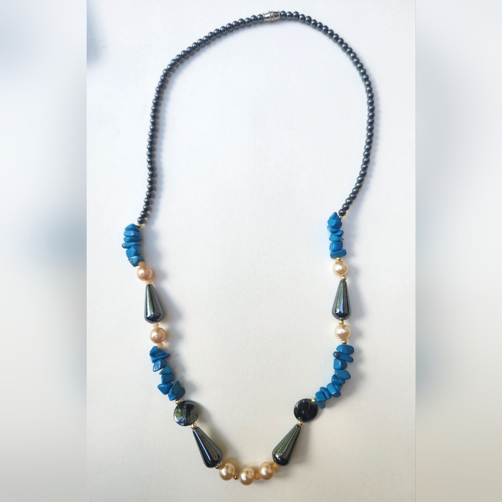 Women's Blue and Black Beaded Necklace with Pearl Accents